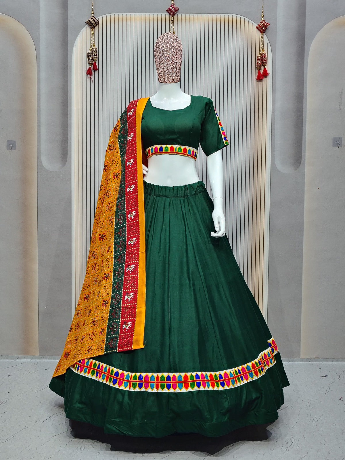 Green Rayon Navratri Special Lehenga Choli with Gamthi Lace Work