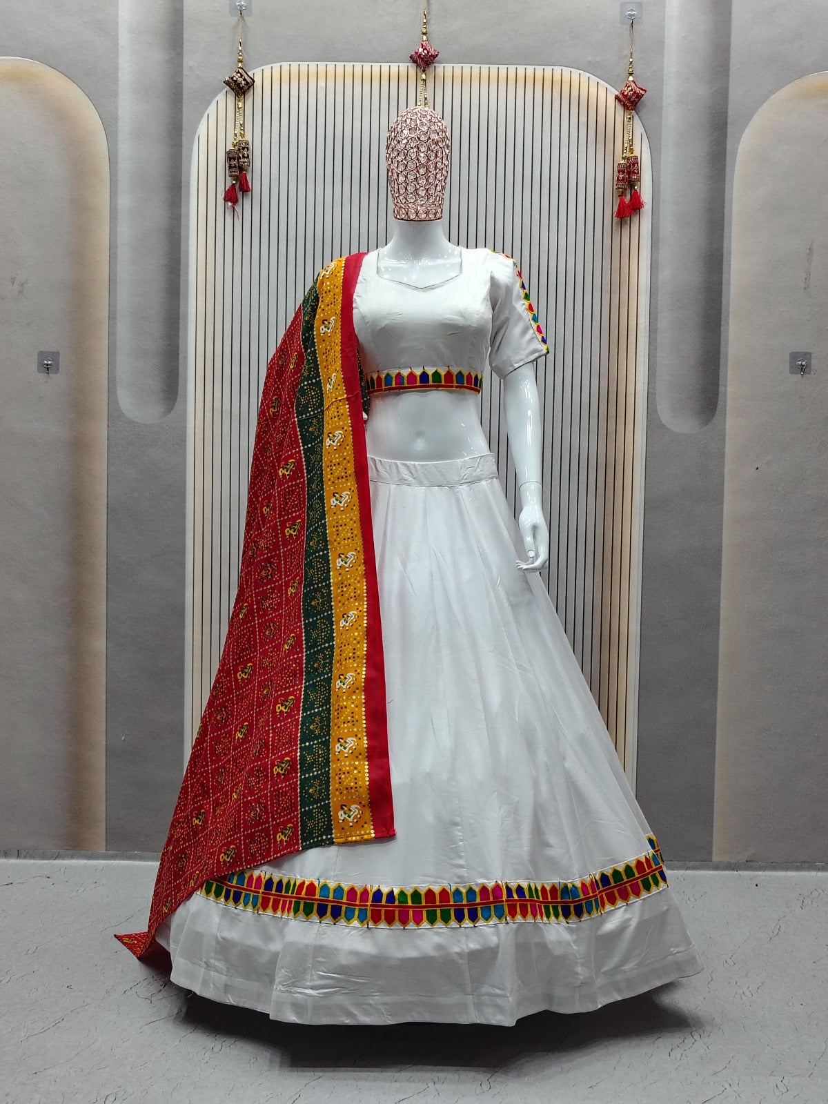 Traditional White & Red Bandhani Lehenga Choli for Navratri Garba