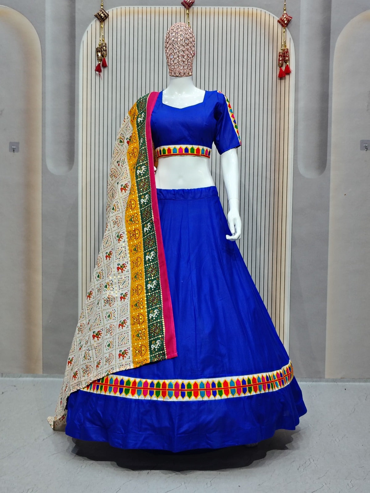 Traditional Royal Blue Lehenga Choli with Bandhani Print Dupatta & Mirror Work