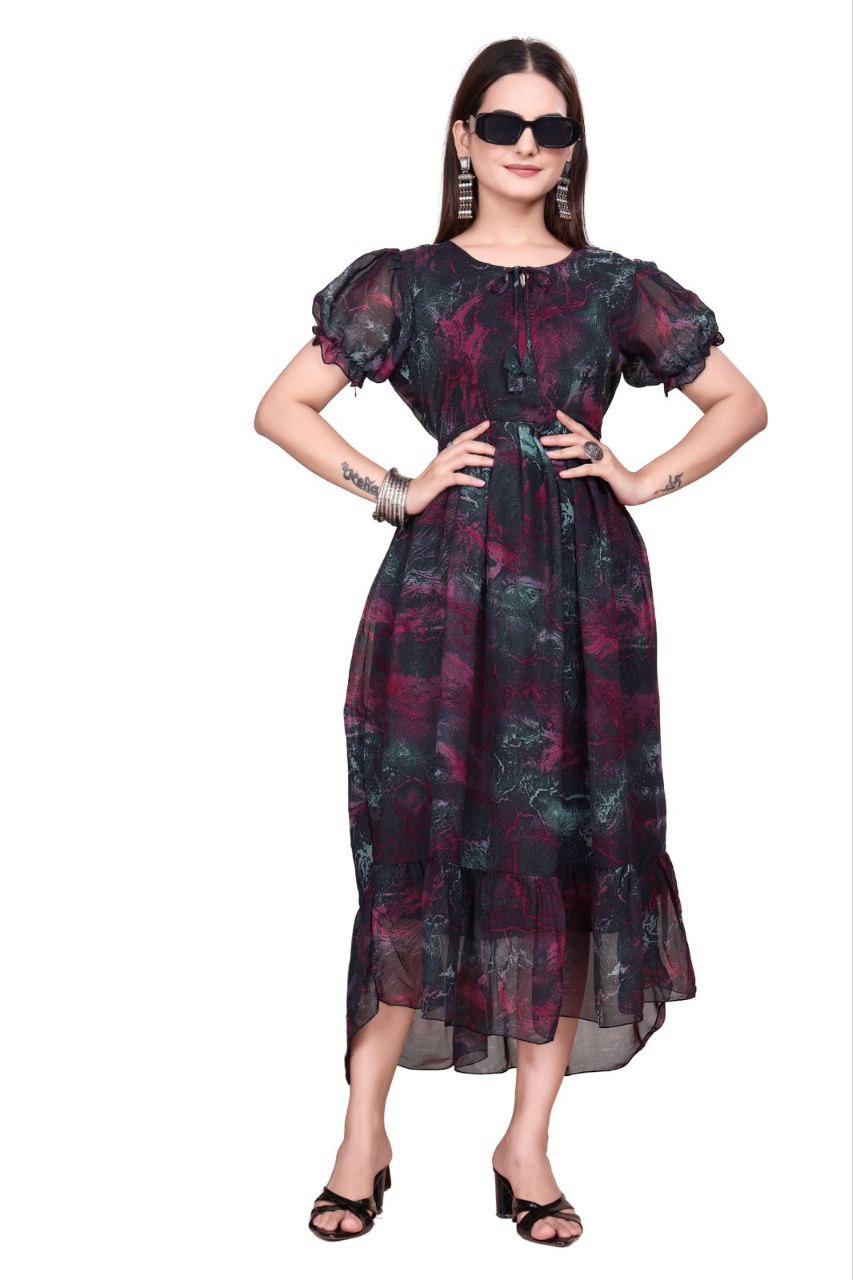 Women And Girl Printed Georgette Maxi Dress with Puff Sleeves