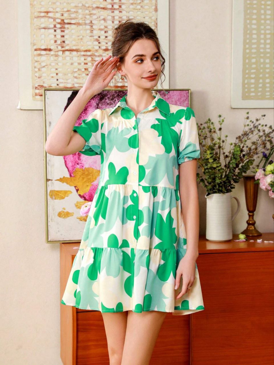 Green Floral Tiered Mini Dress with Collar