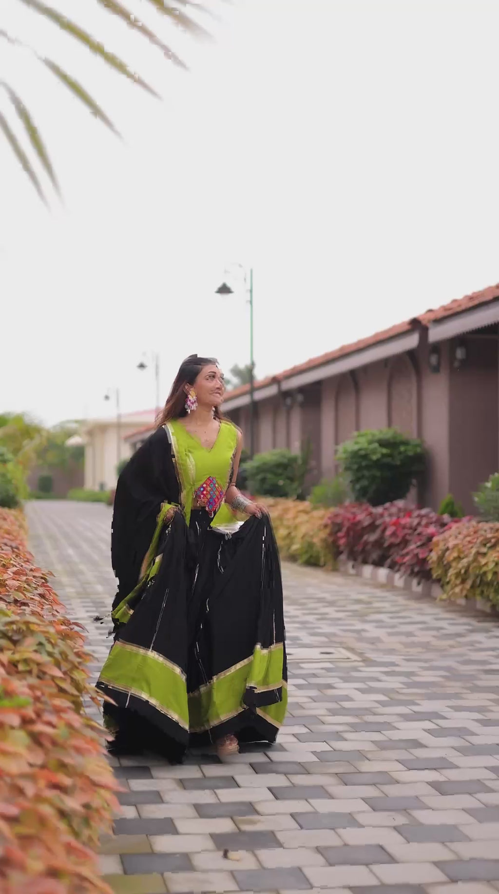 Navratri Special Black Cotton Gamthi Work Lehenga Choli with Green Accents